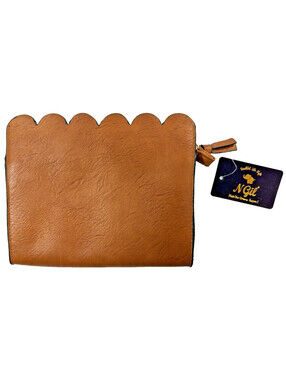 NGIL Brown Faux Leather Scalloped Clutch Zip Pouch Bag NWT 11" Vegan Leather